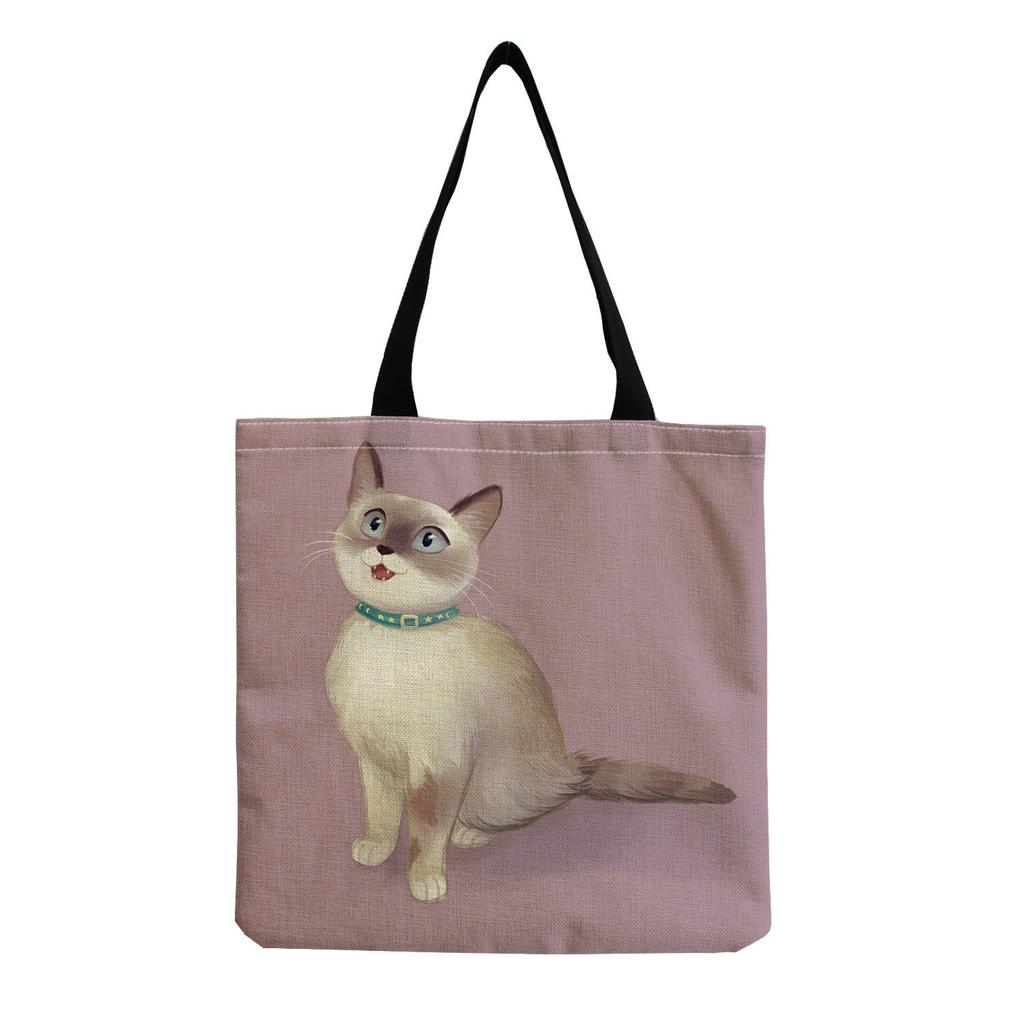 Women Vintage Linen Tote Bag - Large Capacity Cat Print Shoulder Handbag for Casual & Grocery Shopping KTB