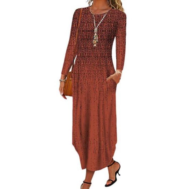 Women A Line Long Sleeves Maxi Dress with Pockets O Neck Loose Spring Fall Printing Irregular Hem Dating Commuting Dress