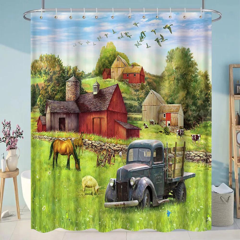Antique Car Shower Curtain Vintage Classic Old Truck Car On Farm Field Retro Rustic Farmhouse Fabric Bathroom Decor Curtain Hook