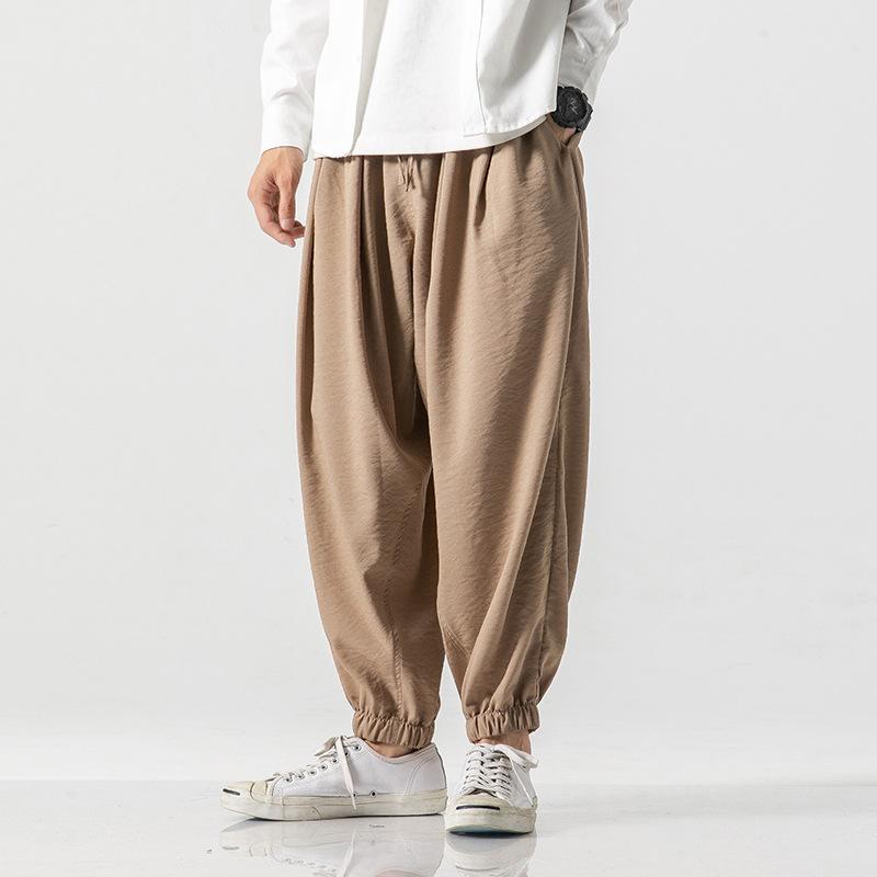 Cotton and linen elastic waist large size Harlan pants retro bloomers Hong Kong style wide leg wide leg leggings