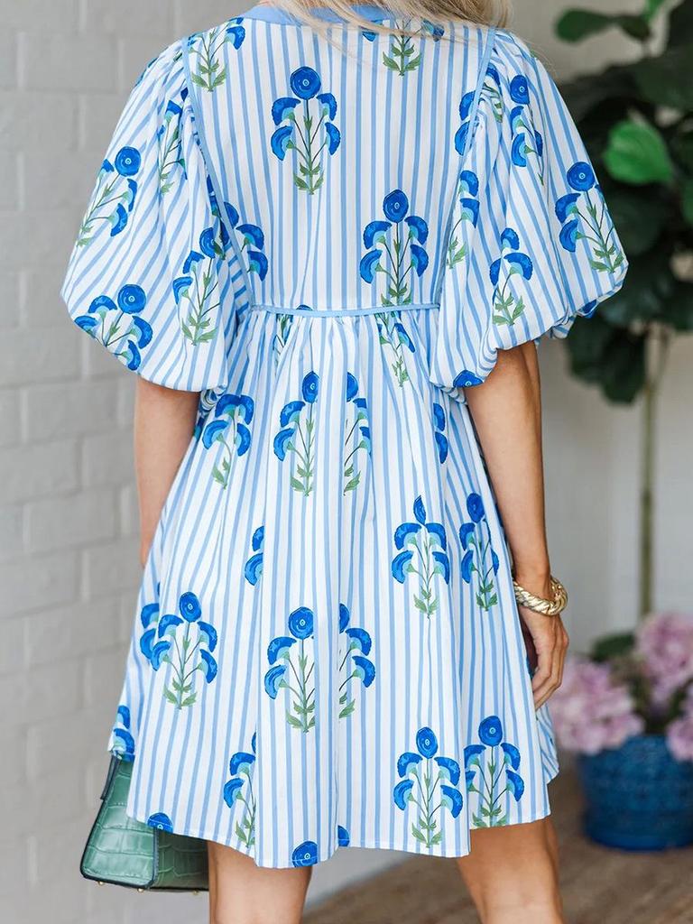 2026 Florales V-Ausschnitt Kurzarm Damenkleid - Europäischer & Amerikanischer Trend
