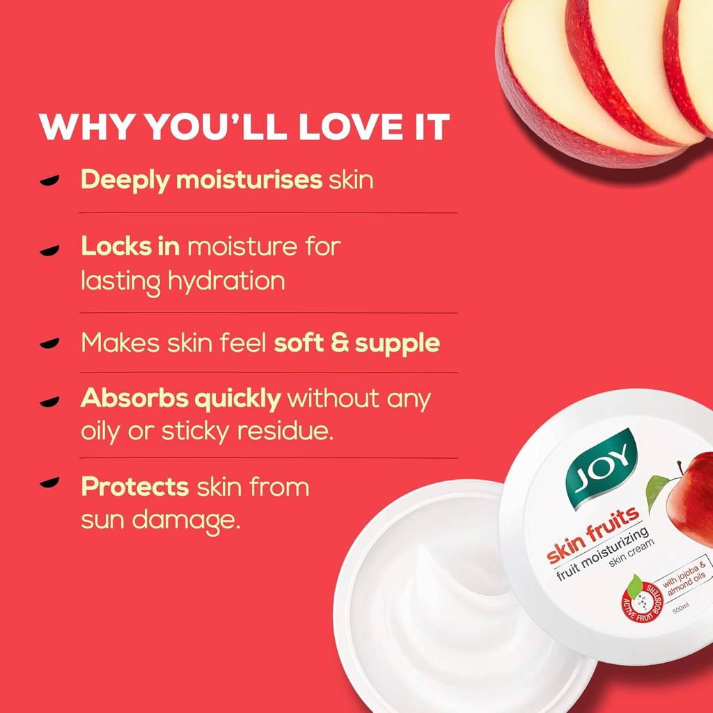 JOY Skin Fruits Moisturizing Cream With Apple Jojoba Almond Oil 500 Ml Non Sticky Hydrating Lotion For Face Hands Body Soft Glowing Skin