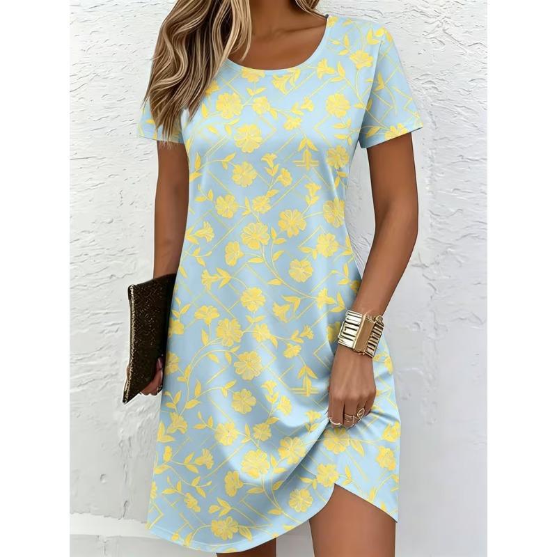 Women's Bohemian Floral 3D Print A-Line Dress with Short Sleeves Vibrant Multicolor Flower Pattern Female Clothing Casual Dress