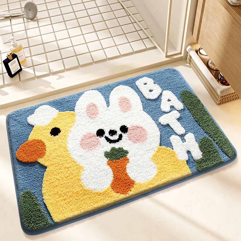 Cute Rabbit Series Super Soft Bath Mat - Thickened Flocked Machine-Washable Bathroom Rug, Non-Slip Decorative Doormat for Home