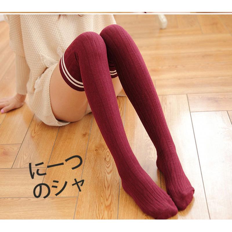 Women's College Style Over-the-Knee Cable Knit Socks with Stripes
