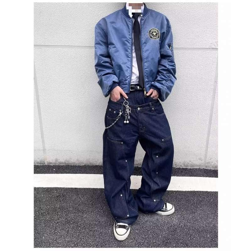 Мужские прямые джинсы JYL Новые Оригинальные Двойная талия Заклепки Винтажные Мешковатые Джинсовые Брюки M амазонка