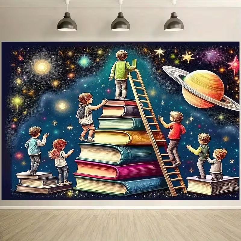 2D Stars and Books Kids Backdrop, 2D Reading To Space Decor