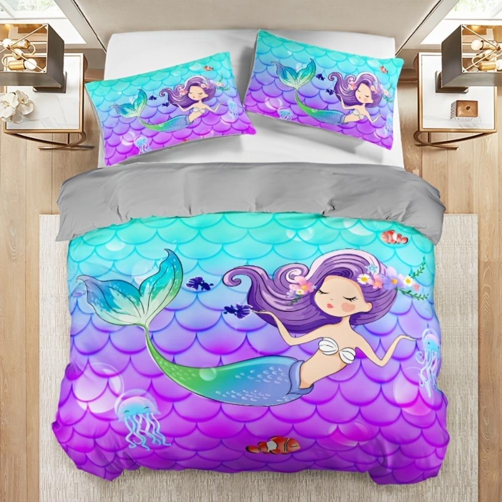 3dílná modro-fialová sada povlečení Dreamy Mermaid s 3D potiskem, útulný povlak na přikrývku, velikost King, Queen, Single, dárek k narozeninám pro dívku, dekorace do ložnice