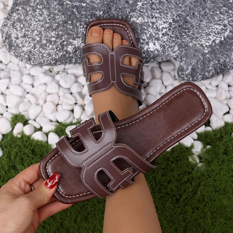 

Large size cool slippers women s summer new flat-bottomed non-slip hollowed-out beach shoes one-word casual cool slippers women 43 темно-коричневого