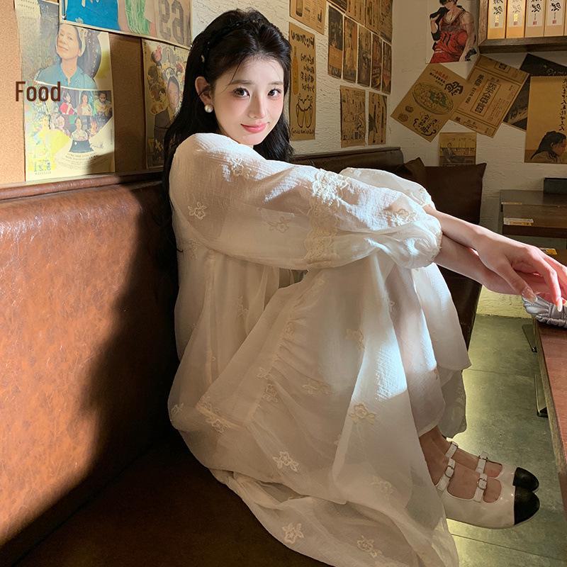 V-Neck Lace-Up Embroidered White Petite Dress