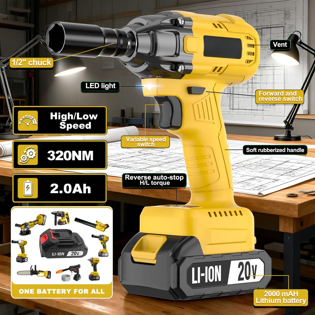 Lithium Ion 20V Heavy Duty Brushless Cordless Impact Wrench 320Nm 500W 1/2 Inch Drive Industrial DIY Use with 2.0Ah Battery