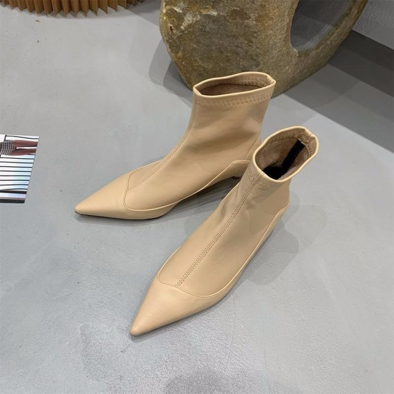 Fashion French Pointed Toe Booties Women's New Low Heel Fashion Soft Leather Versatile Show Skinny Boots