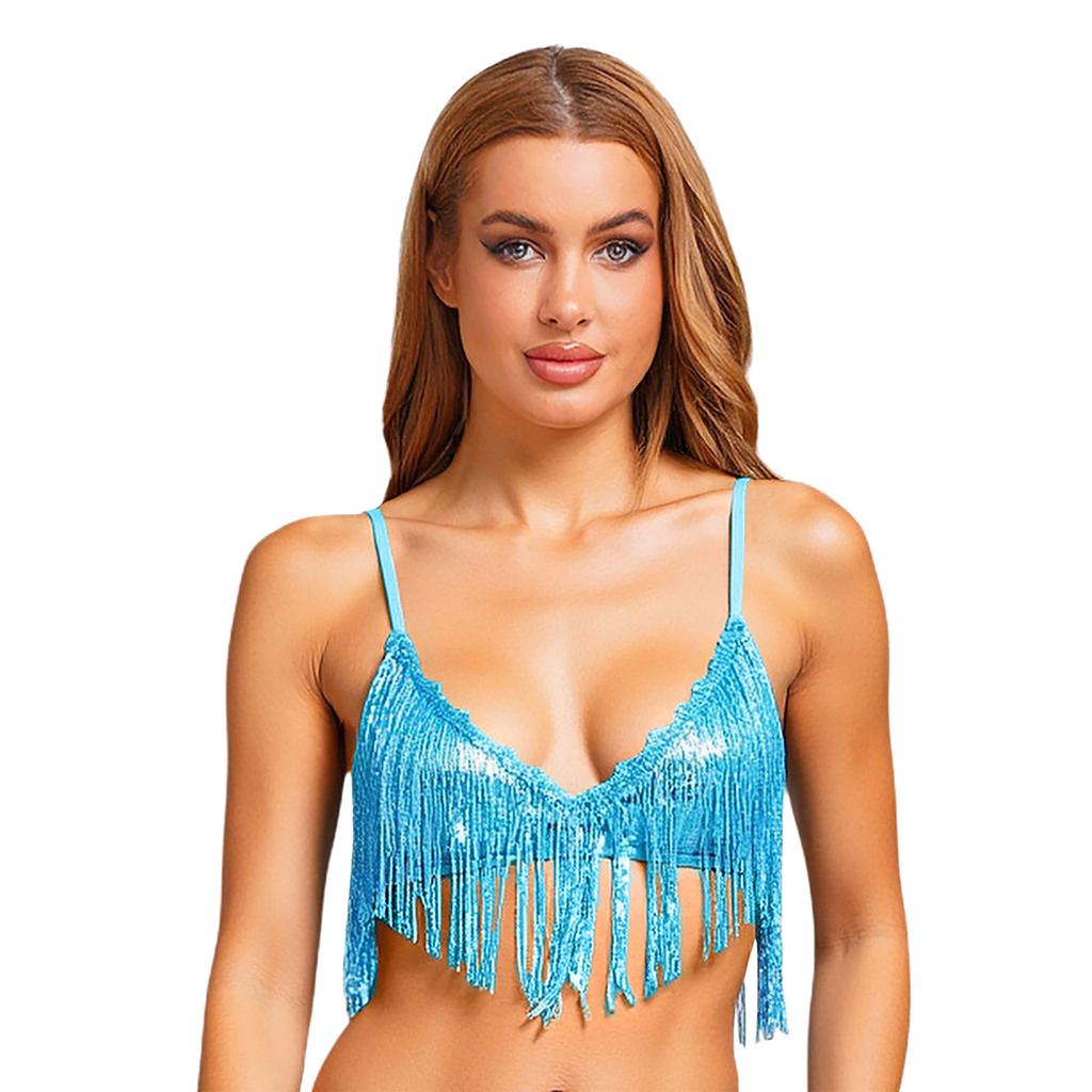 Womens Shiny Sequin Tassel Bra Tops Swing Sequin Fringe No-pad Wireless Bralette Bra Clubwear Dancewear for Belly Dance Disco