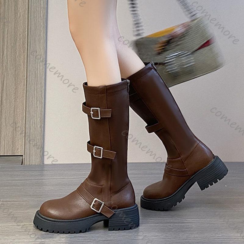 Fashion Comemore Brown Retro Thick-Soled Long Boots for Women Versatile Chunky Heel Retro Autumn Belt Buckle Platform Knee High Boots