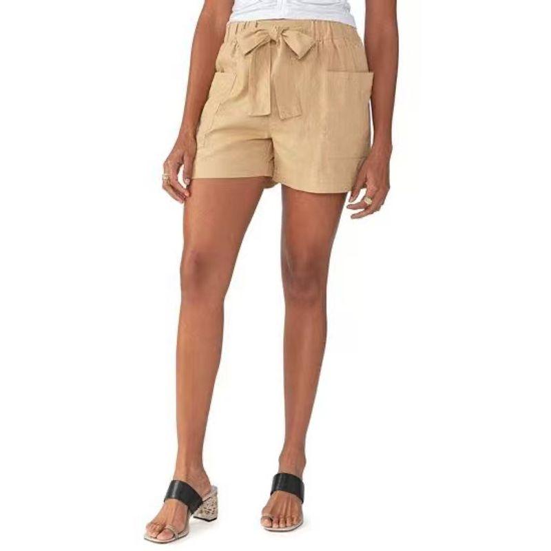 

High Quality Cotton and Linen Blended High Waist Shoelace Shorts Khaki S