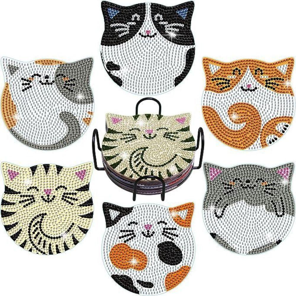 Cat Pattern Rhinestone Coaster Including Stand 6 Pieces Set Handmade Placemats Non-slip Crystal Artificial Diamond