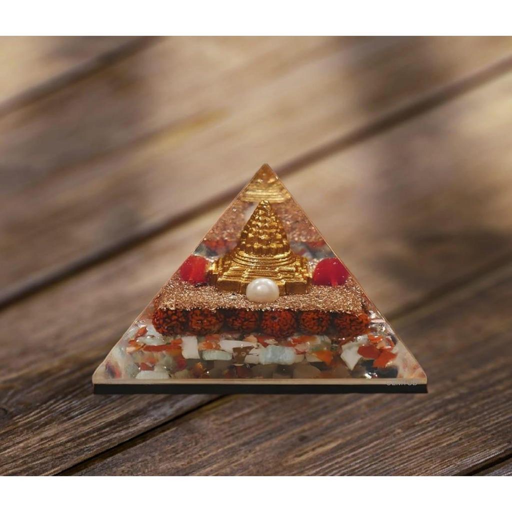 Natural Orgone Gomti Chakra Shree Yantra Pyramid with with Red & White Chirmi Seeds for Wealth, Prosperity, Success