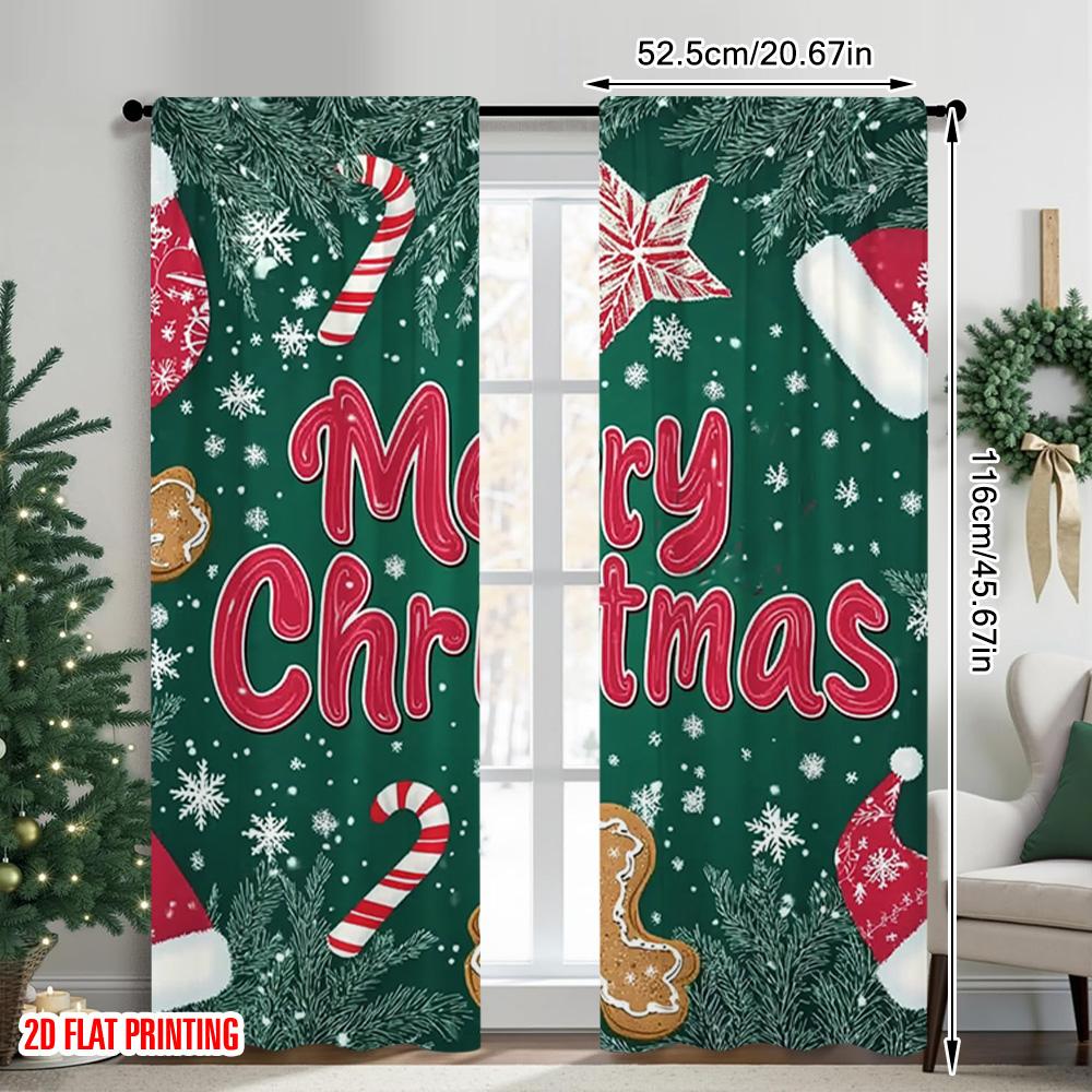 Flachdruck Frohe Weihnachten Vorhänge Lebkuchen Schneeflocke Polyester Ohne Strom Feiertagsdekorationen Perfektes Set aus 2 Stück Hergestellt