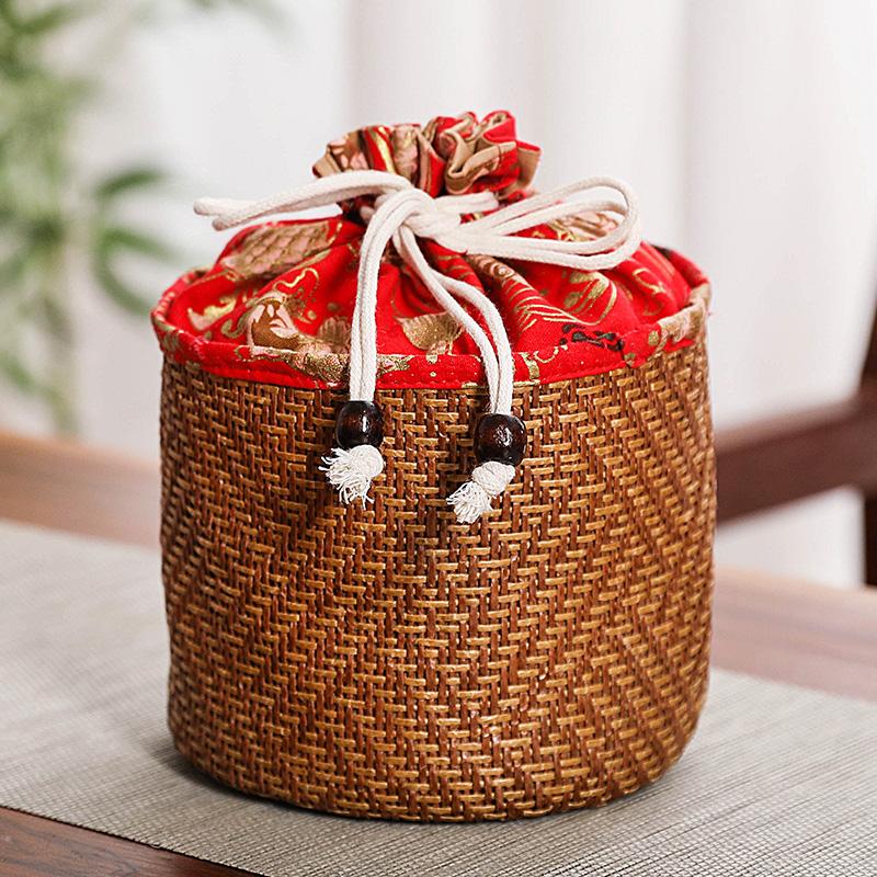

Vine Woven Tea Can Portable Gift Bags with A Closed Handle Bag Round Bottom Drawstring Bag Tea Set Packaging and Storage Bags 12x13cm 4pcs