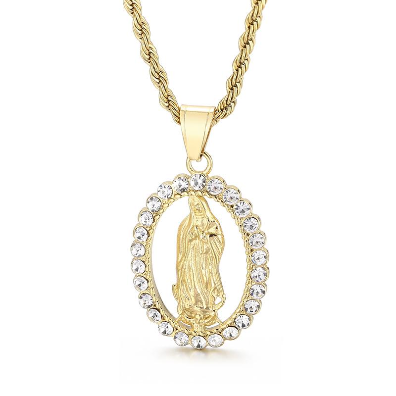 

Hip Hop Catholic Virgin Mary Pendant Necklace for Men Women Gold Color Stainless Steel Jewelry Personalized Zirconia Accessories 60cm 24 inches
