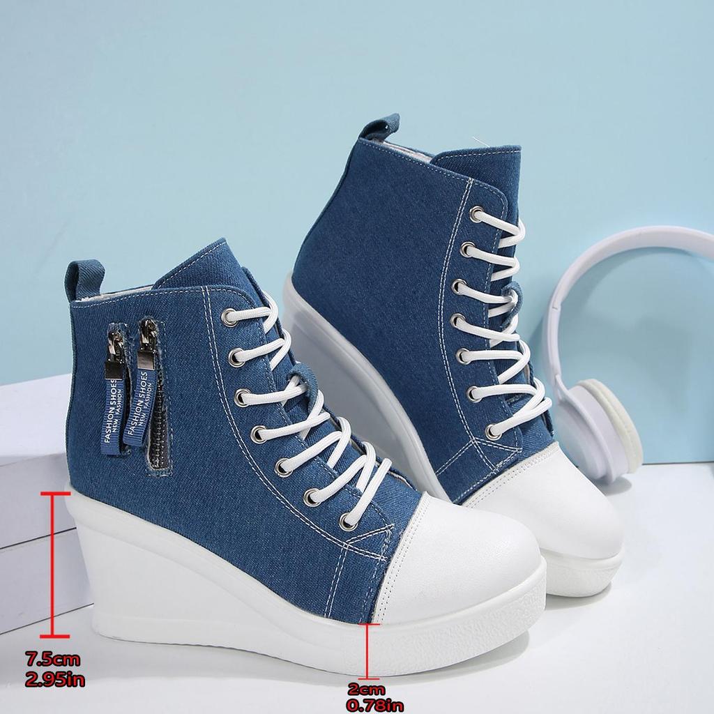 Damskie casualowe trampki high top z denimu, dekoracja na zamek błyskawiczny, koturn, buty płócienne, moda damska, sznurowane, platforma, botki do kostki, duży rozmiar