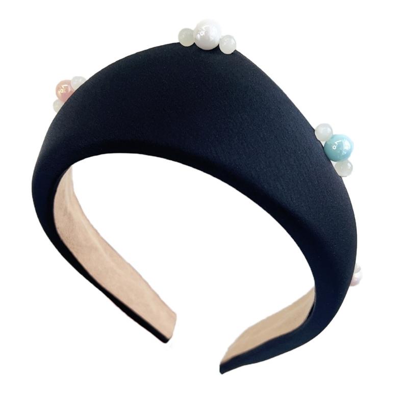 

Soft Fabric Headbands Wide High Skull Hairband with Pearls Decors and Crowns Design for Women Various Occasion Outfit чорний