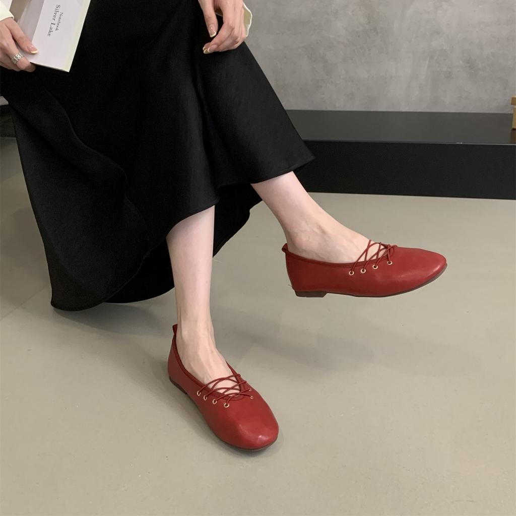 Retro Round Head Evening Soft Leather Ballet Single Shoes Women's Autumn 2025 One-pedal Gentle Pregnant Women Flat Grandma Shoes