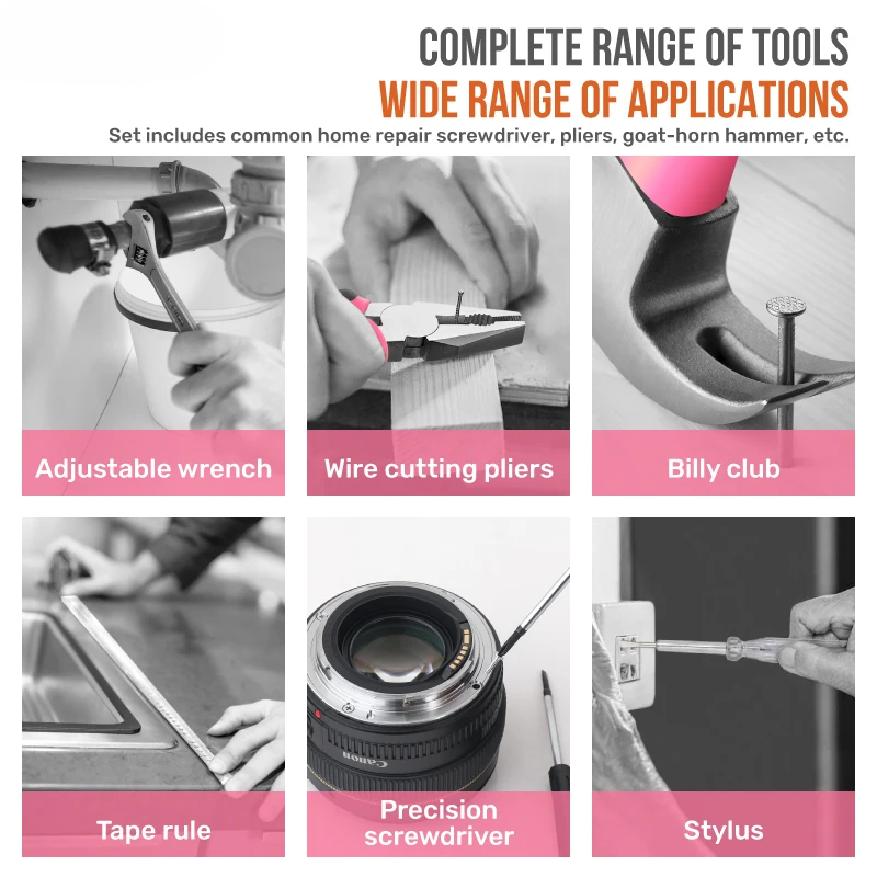 Manual Tool S18/19/20PCs Pink DIY Tool Kit with Electric Pen & CR-V Steel - Home Maintenance Hand Tools Set for Women & Car Care