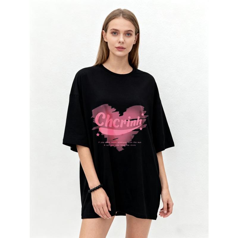 

Oversized T Shirt Black Chrinh Heart Print With Stars And Inspirational Quote For Casual Wear XXXXL чёрный