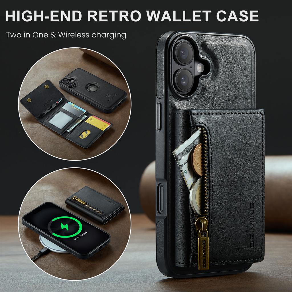 DG.MING M5 Series For iPhone 16 Case Detachable Magnetic Leather Phone Cover with Card Slots