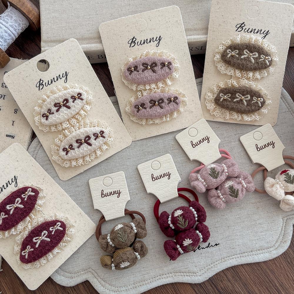 Autumn and Winter Lace Embroidery Bow Children's Hairpin Cute Girl Hair Ring Head Rope Girl Headdress Hair Accessories