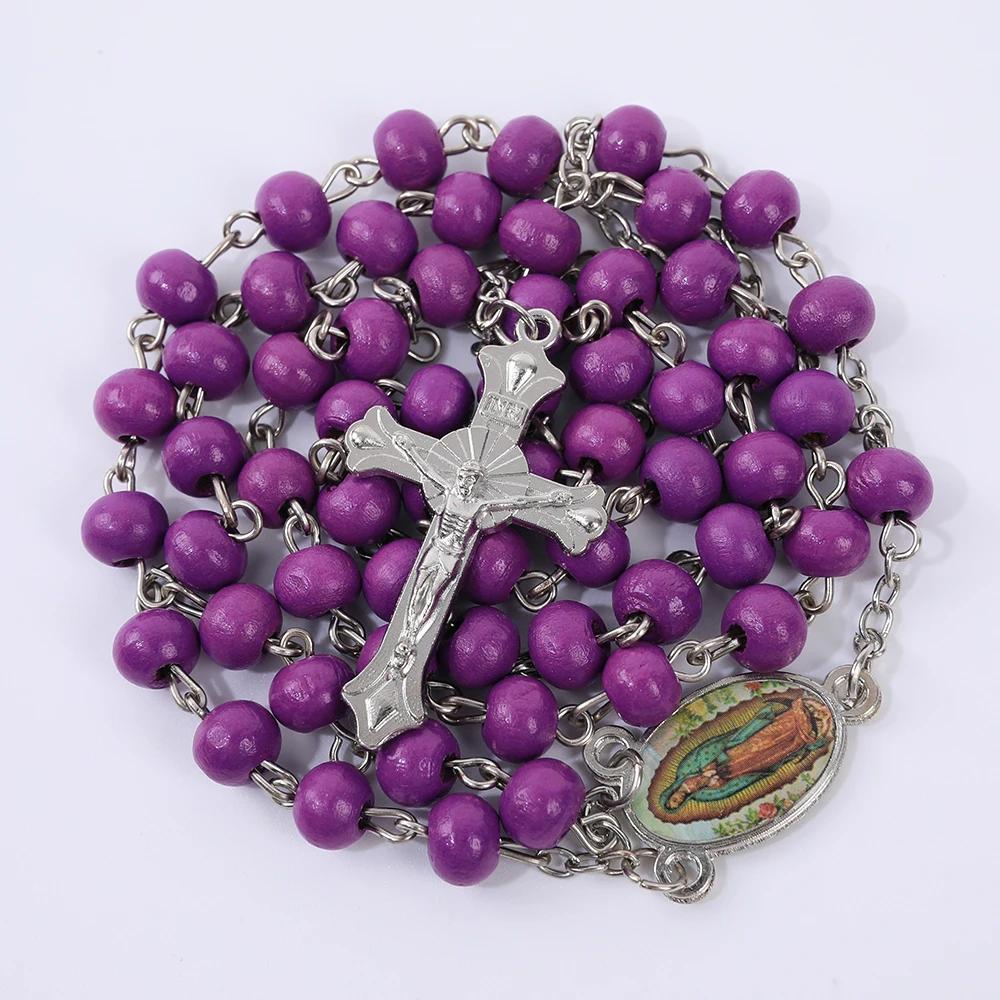Dřevěný růženec Náhrdelník Pro Ženy Muže Náboženský Panna Marie Kříž Přívěsek 6MM Dlouhý Korálky Řetízek Katolický Modlitební Večírek Šperky