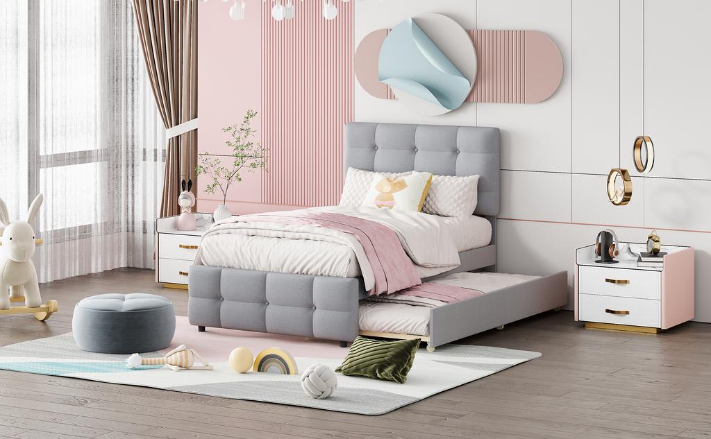 Upholstered Bed 90 X 200 Cm, Pull-out Children's Bed, Adjustable Headboard, Skin-friendly Linen Upholstery, Flat Single Bed Youth Bed Guest Bed (Grey)