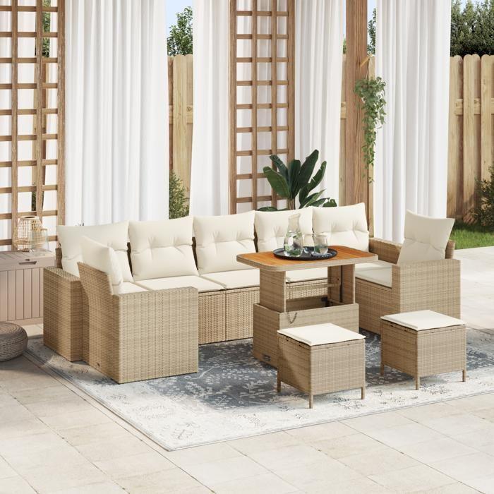 Ensemble de Canapés de Jardin de 10 Pièces avec Coussins Beige Rattan Poly Acacia, Ensemble de salle à manger de jardin 3363551