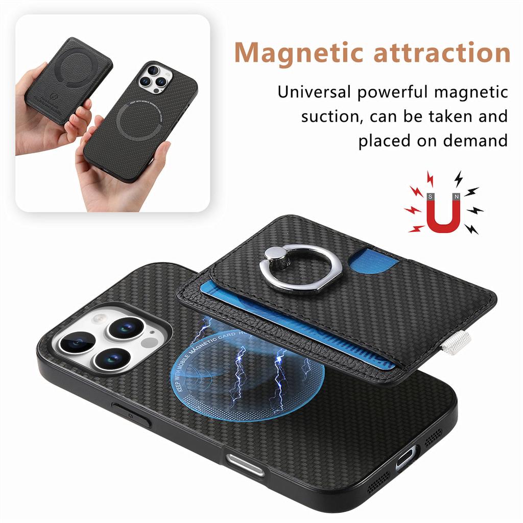 For iPhone 16 Pro Case Ring Kickstand Leather Back Cover with Magnetic Detachable Card Holder
