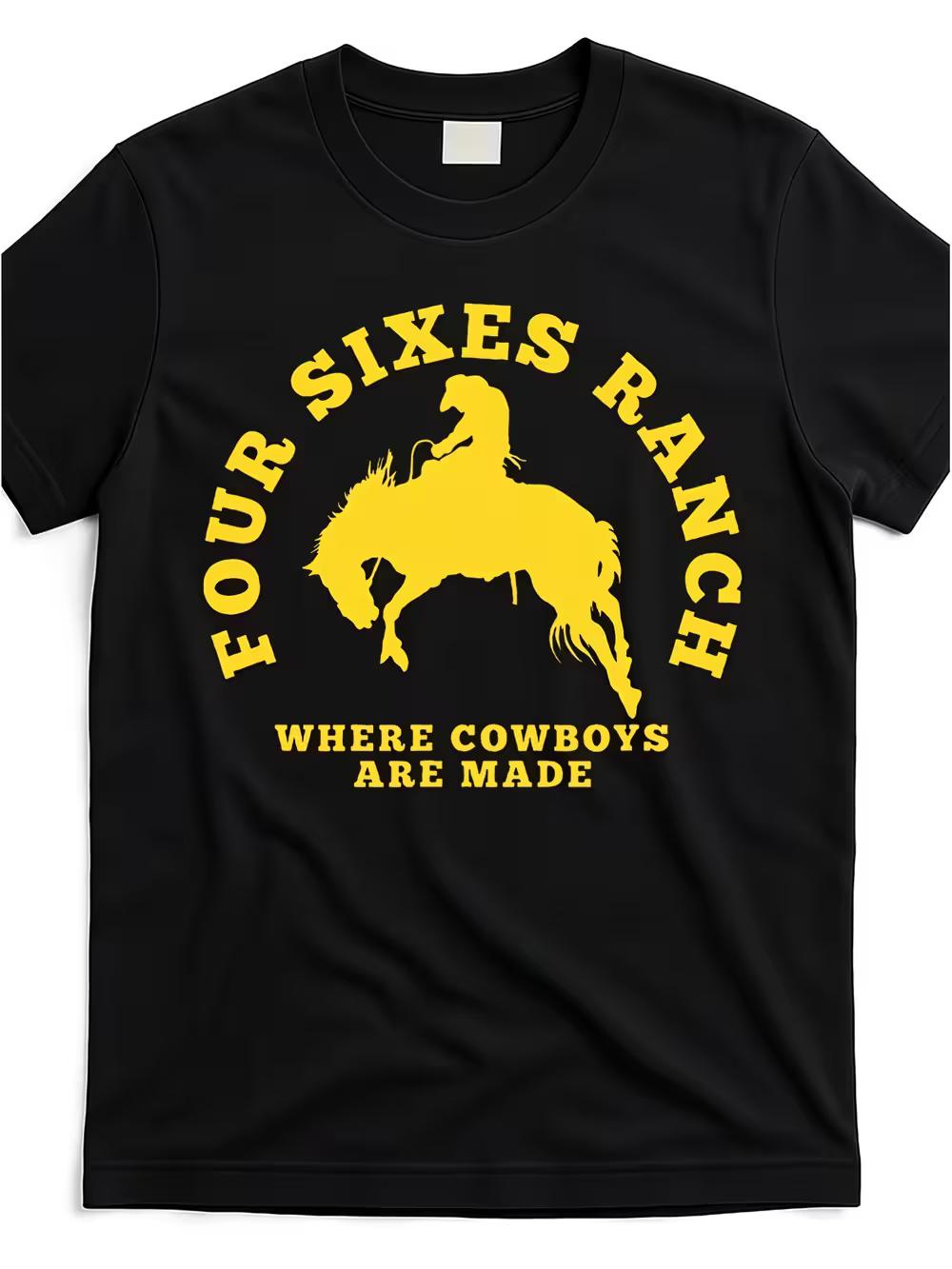 

Four Sixes Ranch Men s Vintage Cowboy Graphic T-Shirt- Black with Bold Yellow Where Cowboys Are Made Design L
