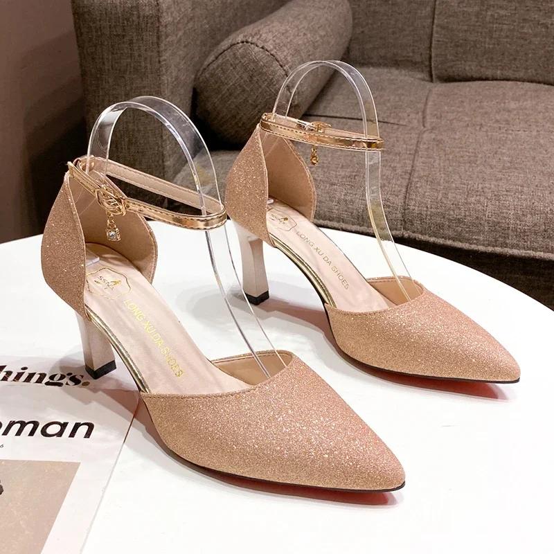 Bling Gold Silver Women's Pumps 2024 Sexy Point Toe Thin Heel Party Wedding Shoes Woman Summer Ankle Strap High Heels Shoes