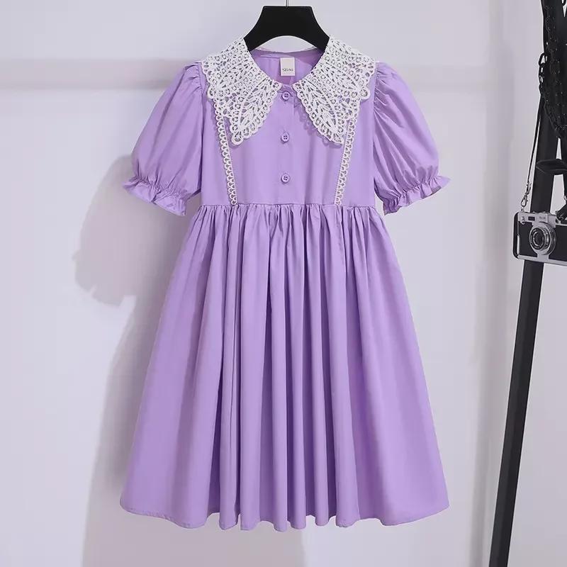 Girls' Summer Korean-Style Short-Sleeve Doll Collar Dress - Princess College Style Skirt for Middle and Large Children