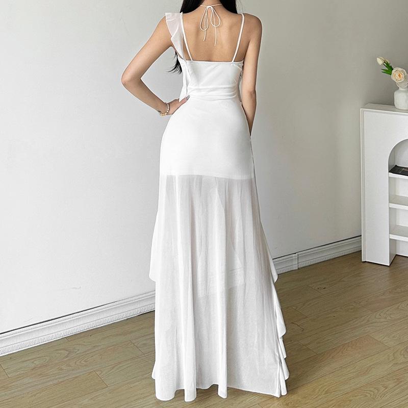 Women's White Ruffled High Low Maxi Dress Sexy V-Neck Spaghetti Strap Backless Bodycon Party Dress