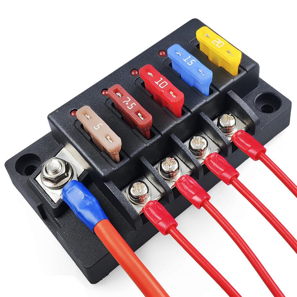 Blocchetto Portafusibili a 4/6 Vie 12V Portafusibili a Lama con Indicatore LED Coperchio Impermeabile Sicuro Compatto Scatola Fusibili per Auto Barca