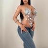 Womens Fishnet Rhinestones Shirt Halter Neck Sequins Bra Body Chain Jewelry Camisole Festival Partywear Glitter Club Top