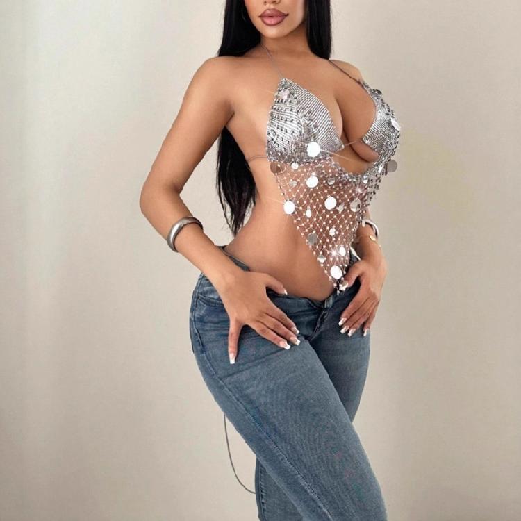 Womens Fishnet Rhinestones Shirt Halter Neck Sequins Bra Body Chain Jewelry Camisole Festival Partywear Glitter Club Top