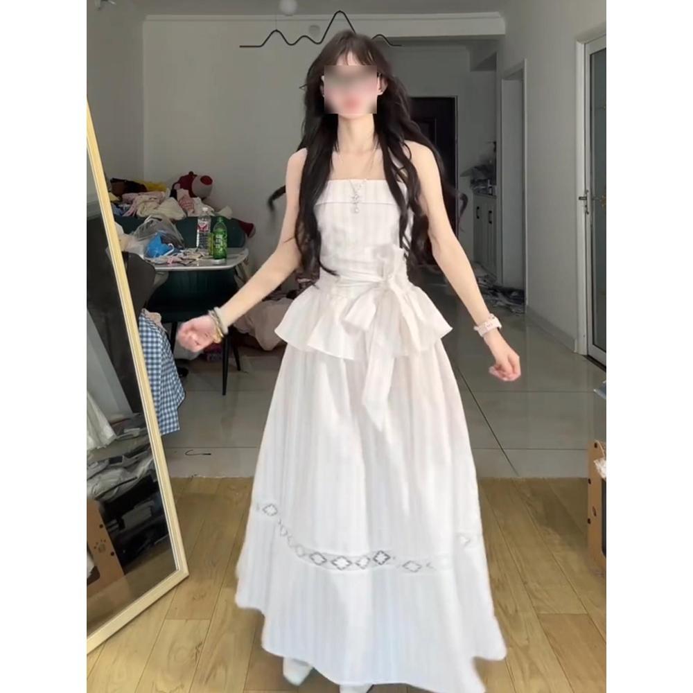 Especially Beautiful Waist Pinch Tube Top Suspender Dress Summer Strap Design Waist Thin a Word Long Skirt