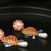 1 Pair Vintage Bohemian Heart-Shaped Dangle Earrings - KC Golden-Plated Pink Floral Imitation Pearl Drop Earrings with Blue Beads & Teardrop Charms Fo