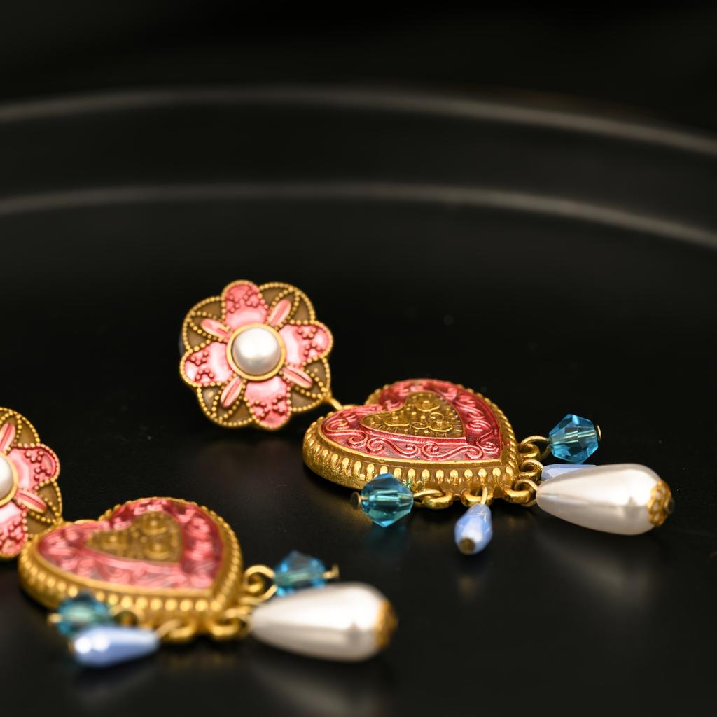 1 Pair Vintage Bohemian Heart-Shaped Dangle Earrings - KC Golden-Plated Pink Floral Imitation Pearl Drop Earrings with Blue Beads & Teardrop Charms Fo