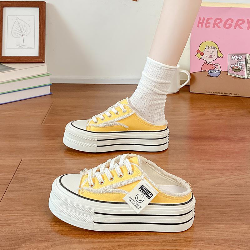 Baotou slippers women's summer outer wear 2025 new canvas shoes without heel versatile students half drag thick soles ins tide