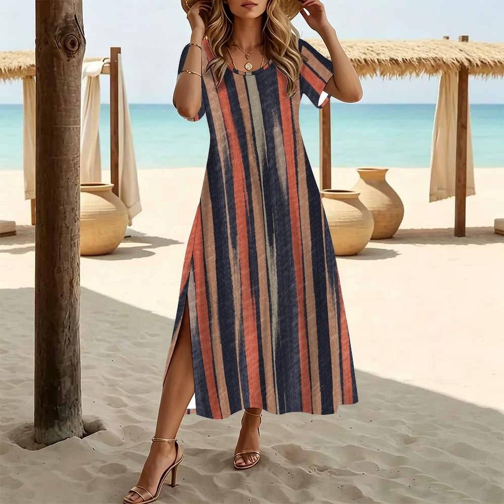 Rochie de Damă la Modă cu Gât Rotund, Imprimată cu Model Geometric, Mânecă Scurtă, Decupaj Lateral, Rochie Casual de Vacanță, Rochie Lungă Largă