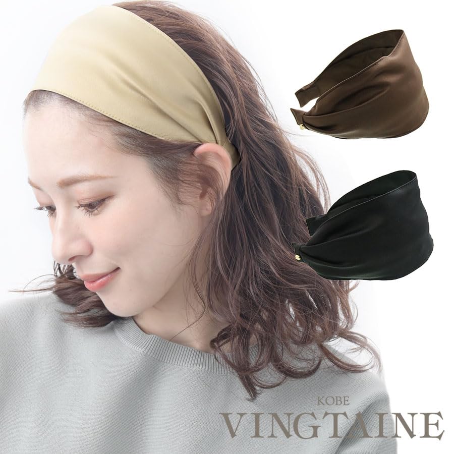 VINGTAINE Wide Satin Hair Headband, Wedding, Party, Accessory, Black, HK-35-BK