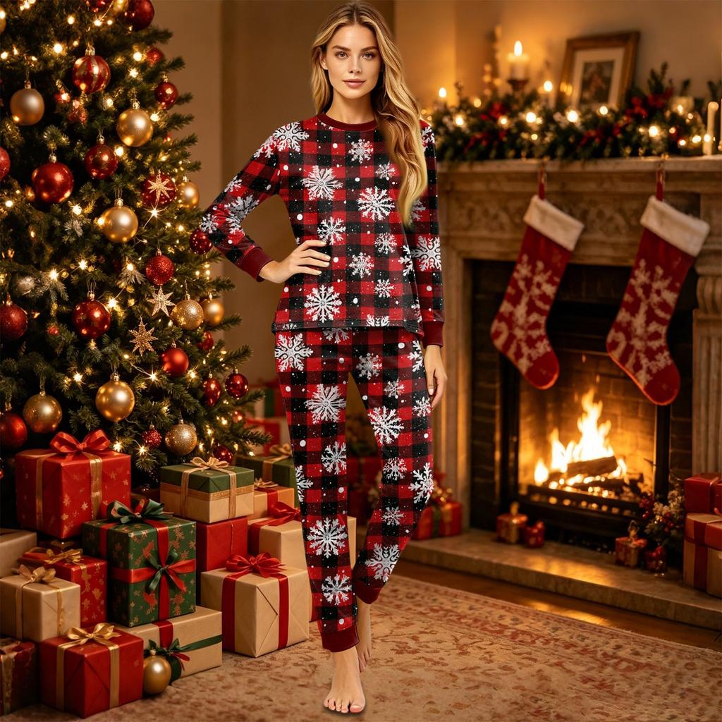 Christmas Print Family Matching Pajamas Set, Round Neck Long Sleeve and Pants Loungewear