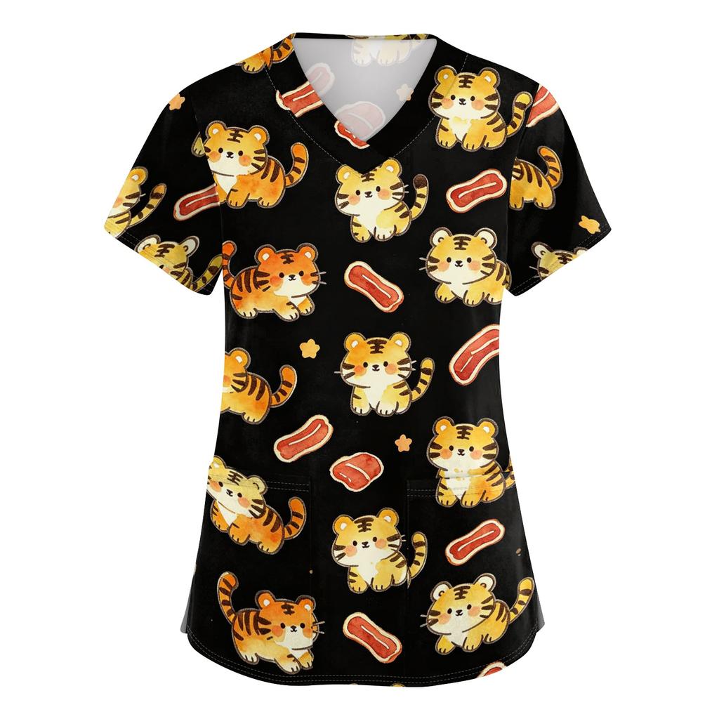 Women's V Neck Short Sleeve Work Top with Pockets Animal Print Scrub Shirt for Healthcare Professionals Medical Uniform